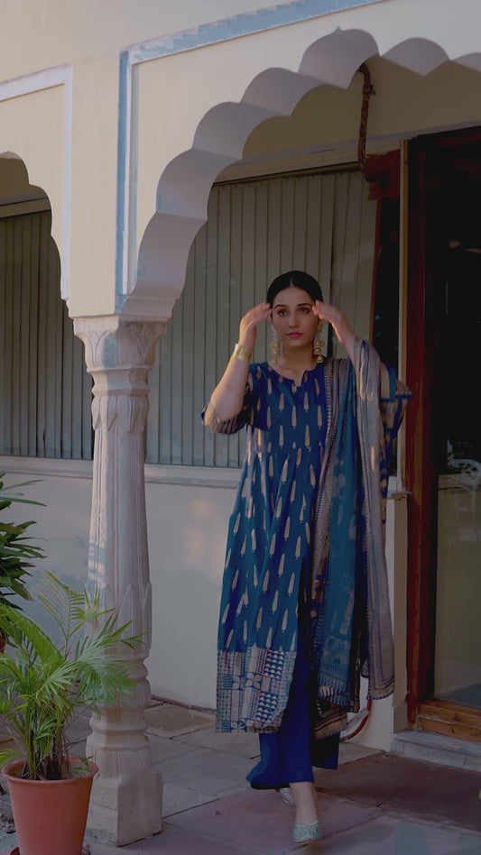 Viscose Gold foil Anarkali Blue Kurta