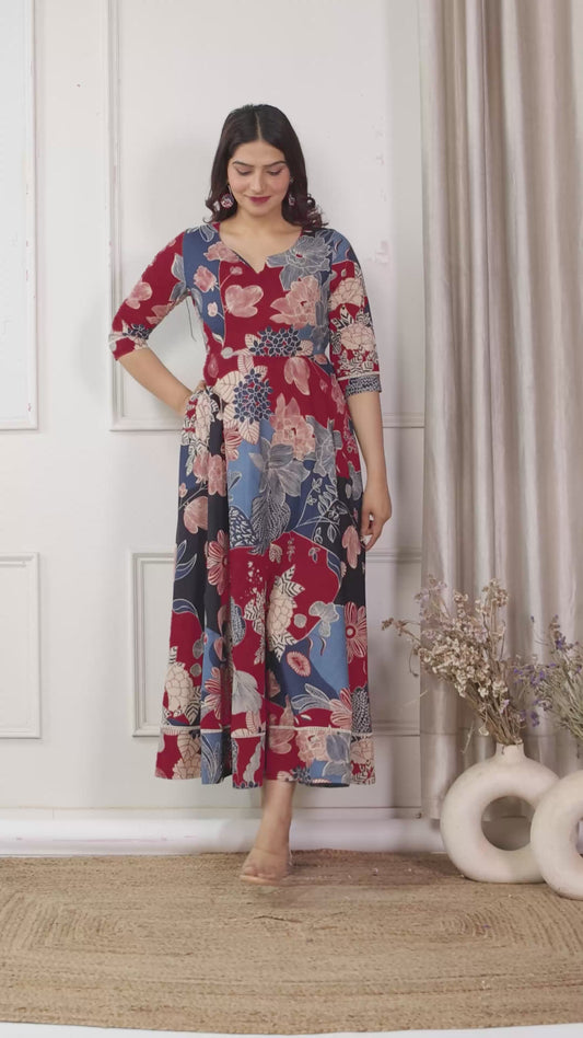 Soft Cotton Floral Anarkali Multicoloured Dress