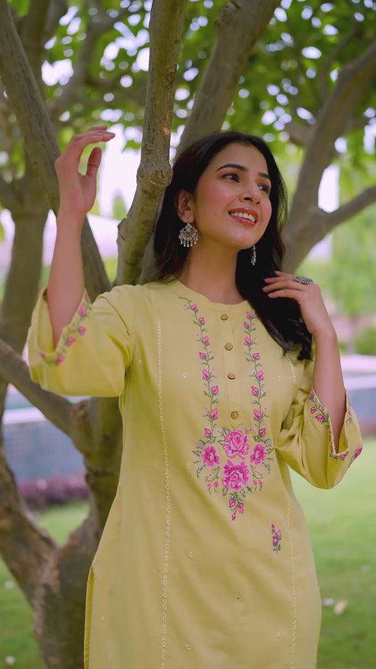 Embroidered Soft Cotton Solid Straight Yellow Kurta