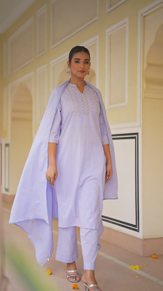 Embroidered Soft Cotton Solid Straight Lavender Kurta