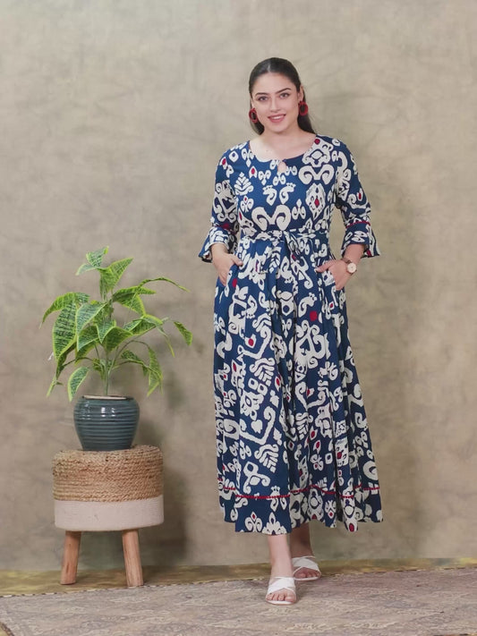 Soft Cotton Ikat Anarkali Navy Blue Dress
