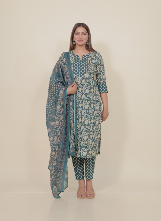 Embroidered Soft Cotton Block Print Straight Teal Kurta