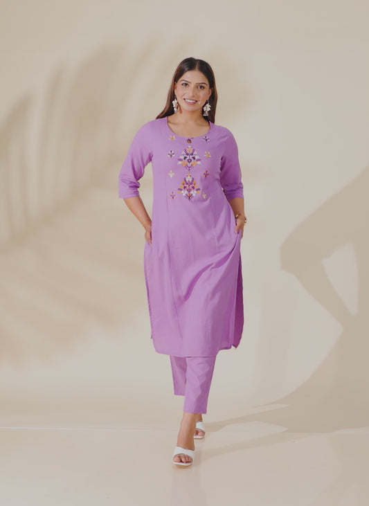 Embroidered Linen Cotton Solid Panelled Purple Kurta