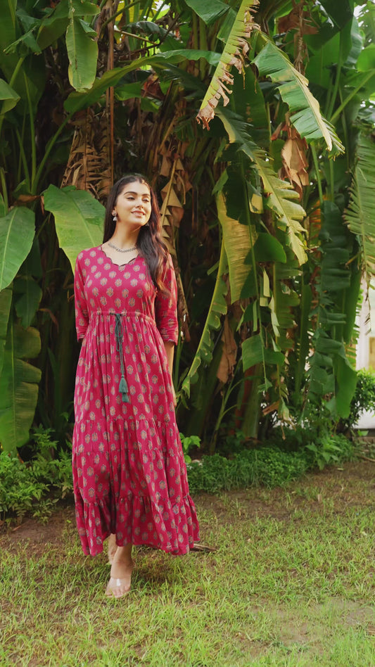 Embroidered Soft Cotton Floral Tiered Maroon Dress