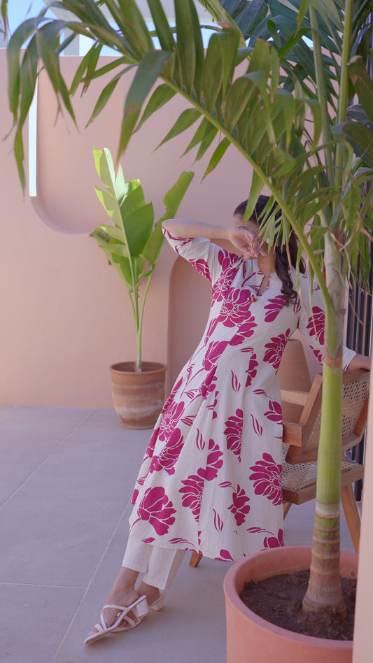 Linen Cotton Floral Flared Cream Kurta