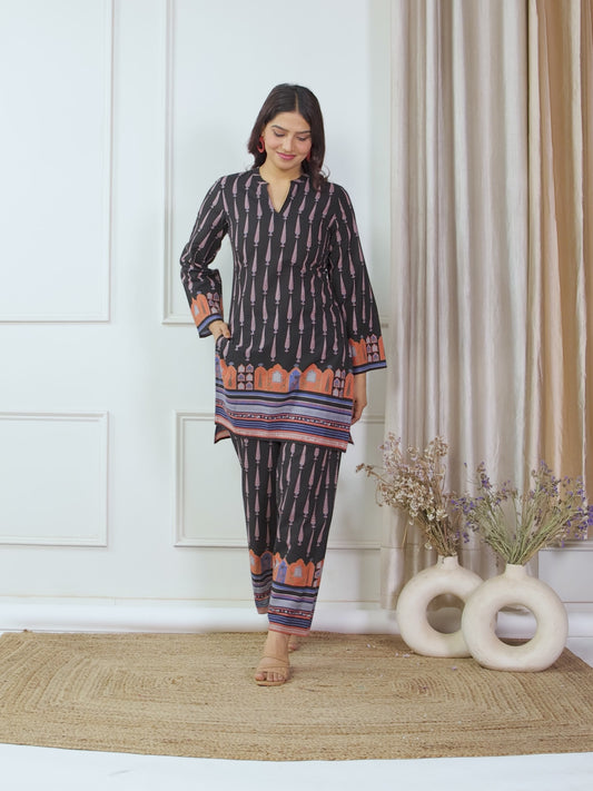 Soft Cotton Placement Print Angrakha Black Kurta