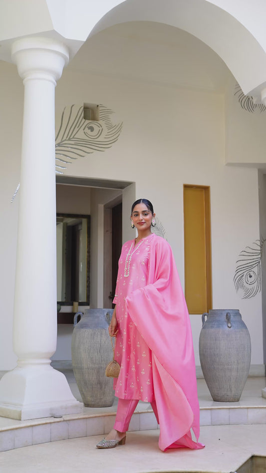 Chanderi Gold foil Flared Peach Kurta