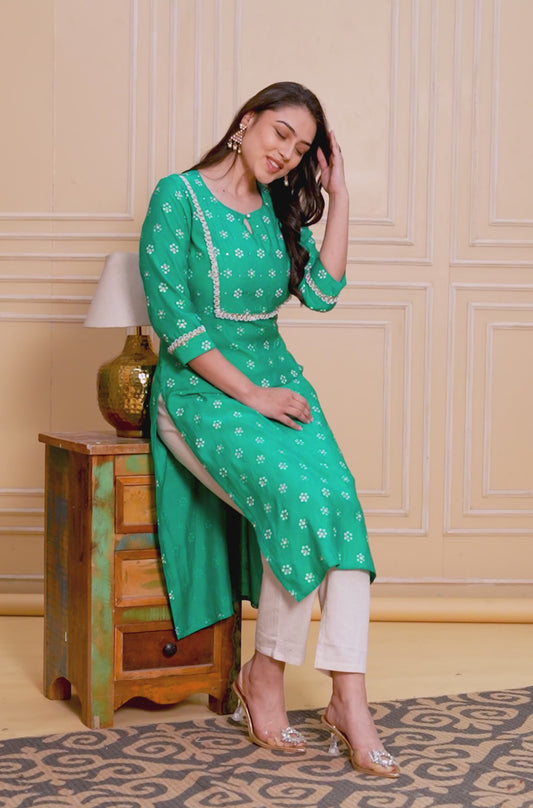 Embroidered Blended Silk Butti Straight Green Kurta