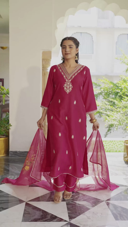 Embroidered Chanderi Solid Straight Burnt Pink Kurta