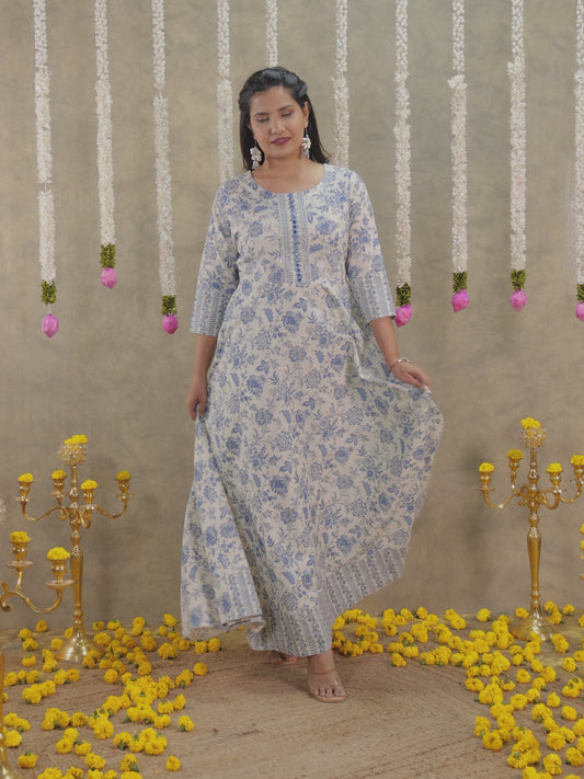 Embroidered Soft Cotton Floral Anarkali Off White Dress