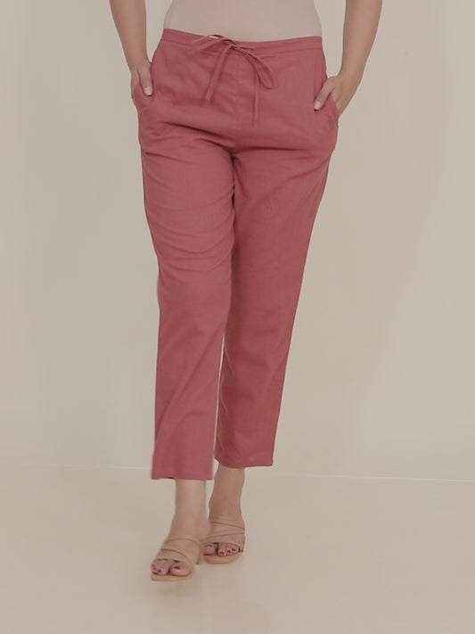 Natural Cotton Solid Rust Tapered Trousers
