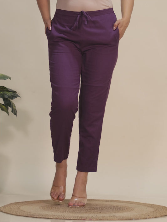Linen Cotton Solid Purple Tapered Trousers