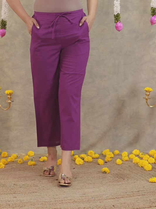 Embroidered Soft Cotton Solid Purple Tapered Trousers