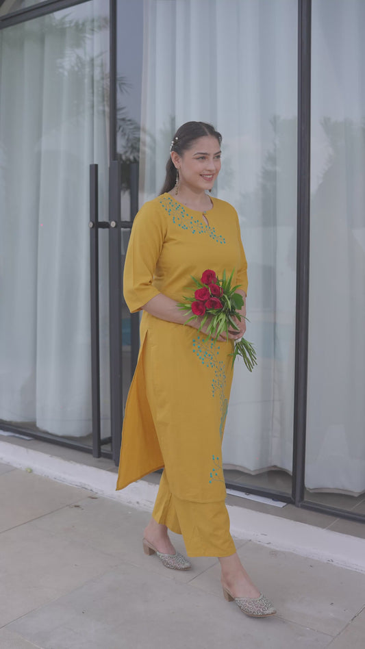 Embroidered Linen Cotton Solid Straight Yellow Kurta