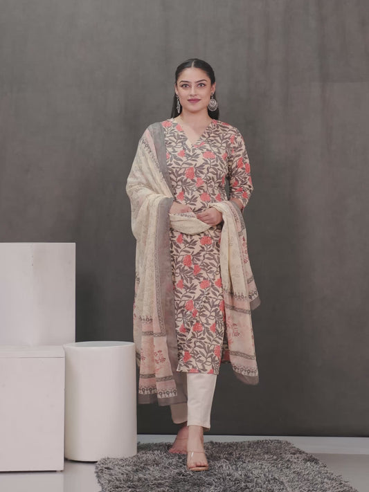 Soft Cotton Floral Straight Off White Kurta