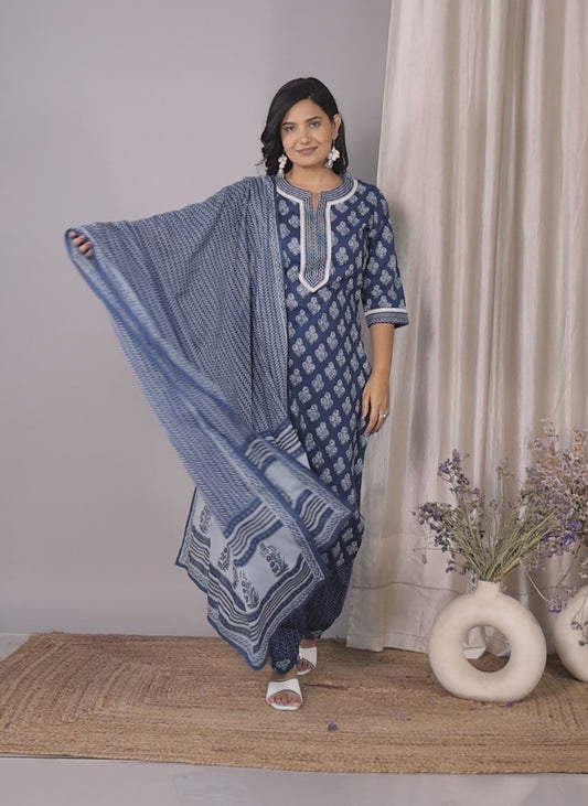 Embroidered Soft Cotton Floral Straight Blue Kurta