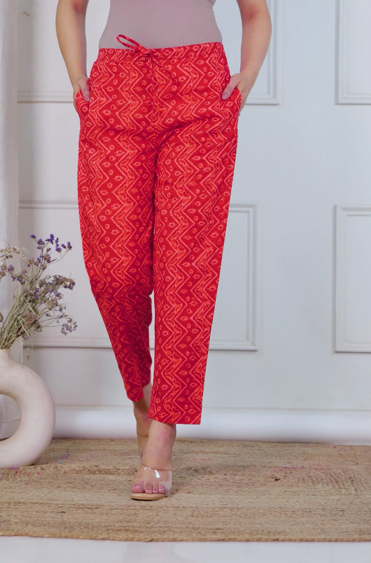 Soft Cotton Geometric Red Tapered Trousers