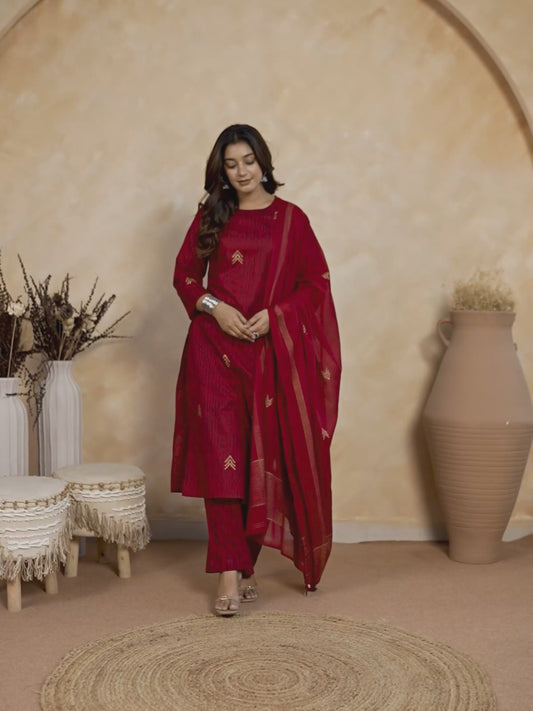 Soft Cotton Gold Foil Straight Red Kurta