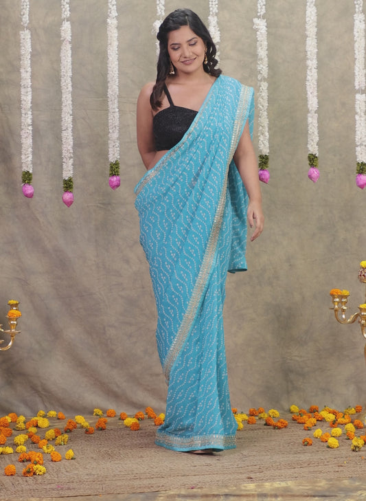 Georgette Bandhani Sky Blue Saree