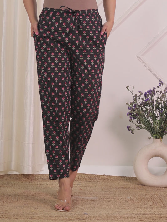 Soft Cotton Floral Black Tapered Trousers