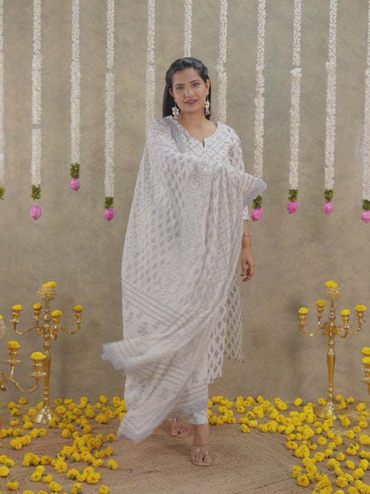 Soft Cotton Ikat A-line White Kurta
