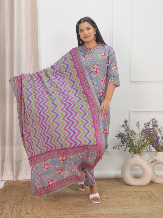 Soft Cotton Floral Straight Grey Kurta