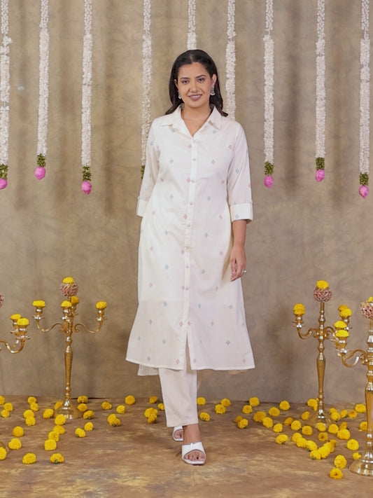 Soft Cotton Geometric Flared Cream Kurta