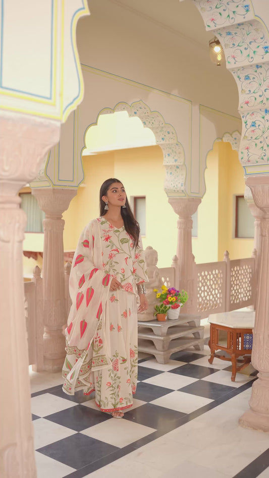 Linen Cotton Floral Straight Off White Kurta
