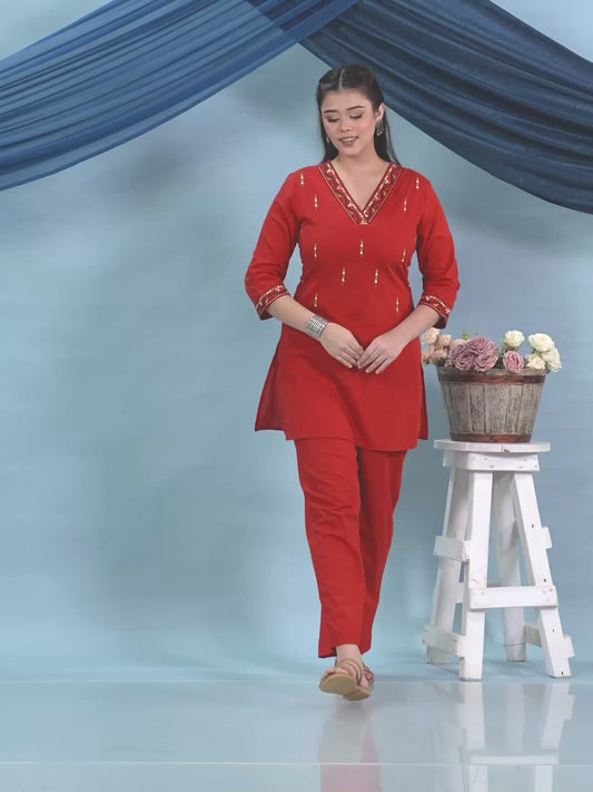 Embroidered Soft Cotton Solid Straight Red Kurta
