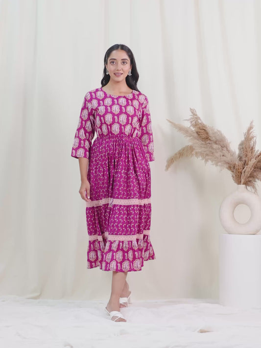 Soft Cotton Floral Anarkali Purple Dress