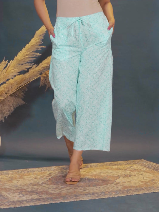 Lurex Cotton Floral Turquoise Palazzo