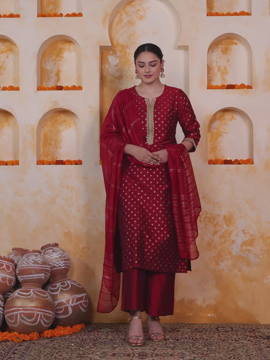 Blended Silk Gold foil Straight Red Kurta