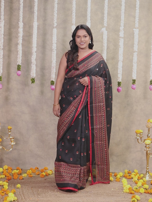 Embroidered Chiffon Geometric Black Saree