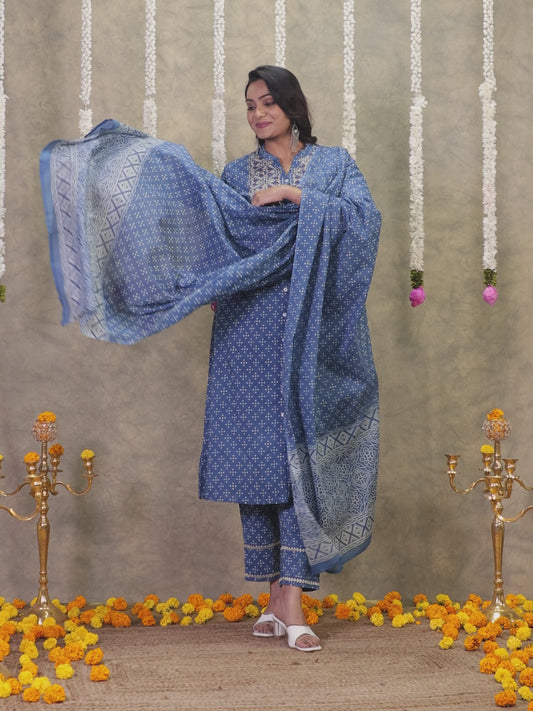Embroidered Soft Cotton Bandhani A-line Blue Kurta