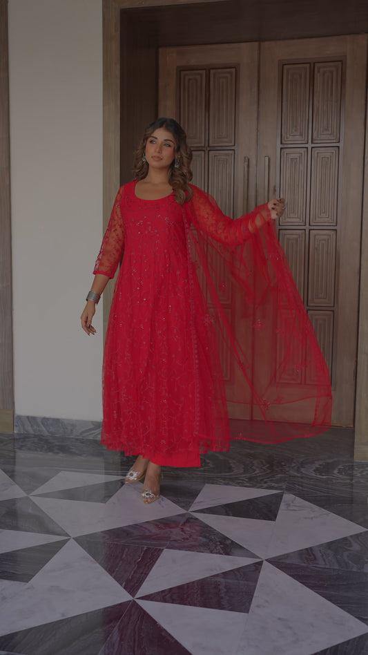 Embroidered Net Solid Anarkali Red Kurta