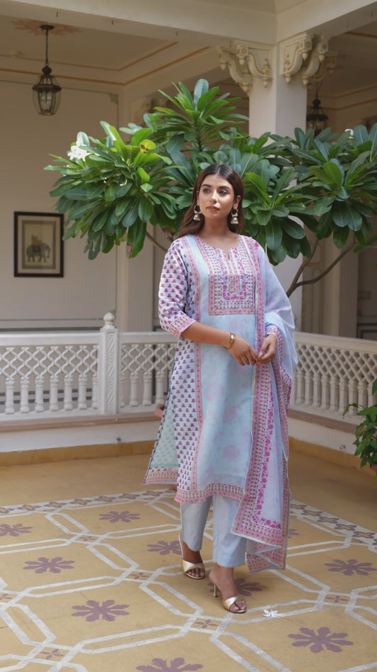 Embroidered Chanderi Floral Straight Baby Blue Kurta