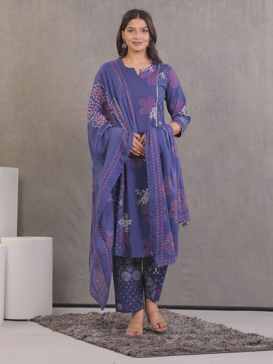 Soft Cotton Bandhani A-line Blue Kurta