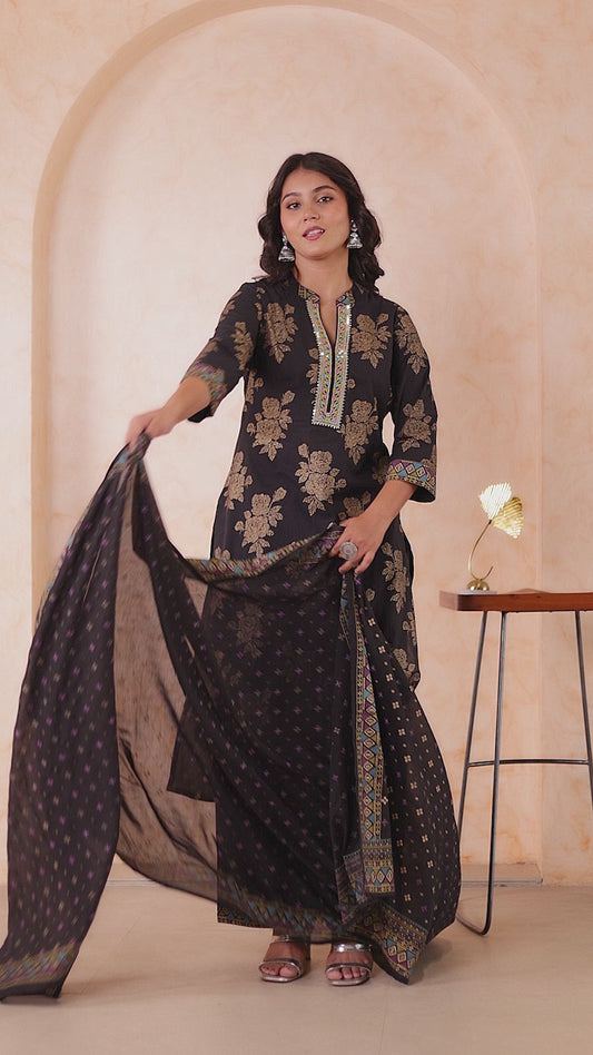 Embroidered Soft cotton Gold foil Straight Black Kurta