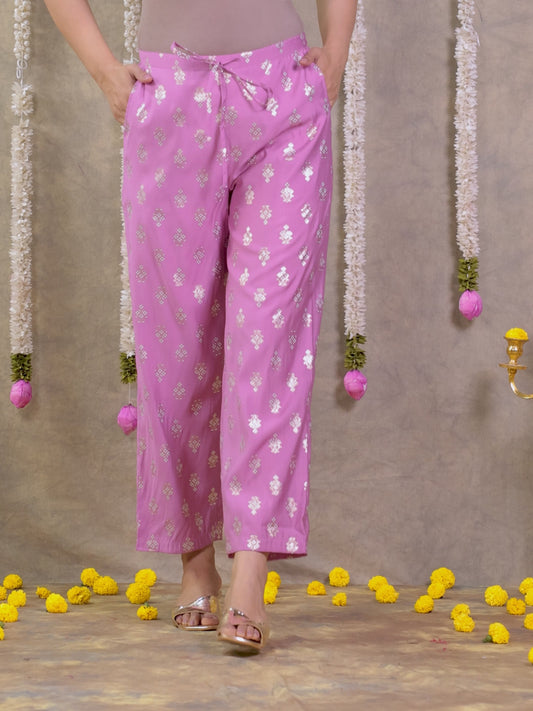 Chanderi Gold foil Pink Straight Trousers