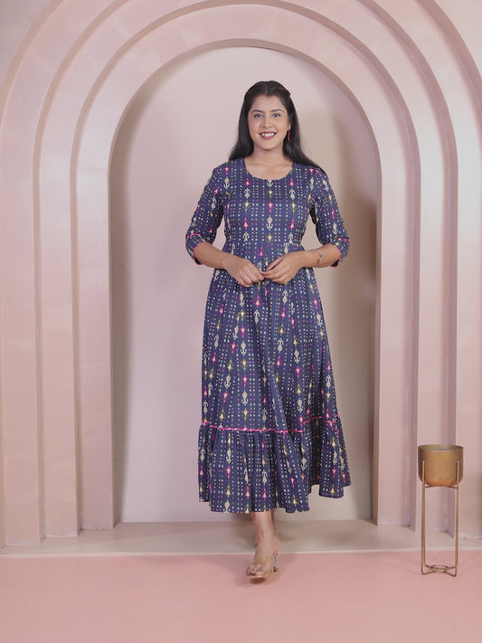 Soft Cotton Ikat Anarkali Blue Dress