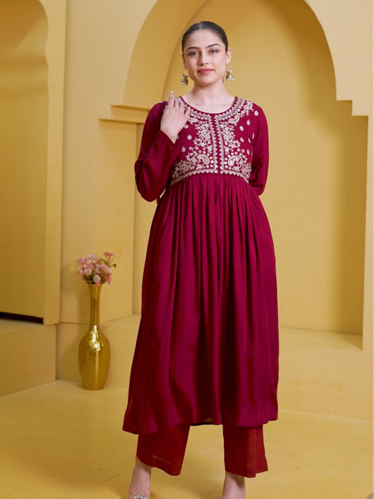 Embroidered Viscose Solid Flared Maroon Kurta