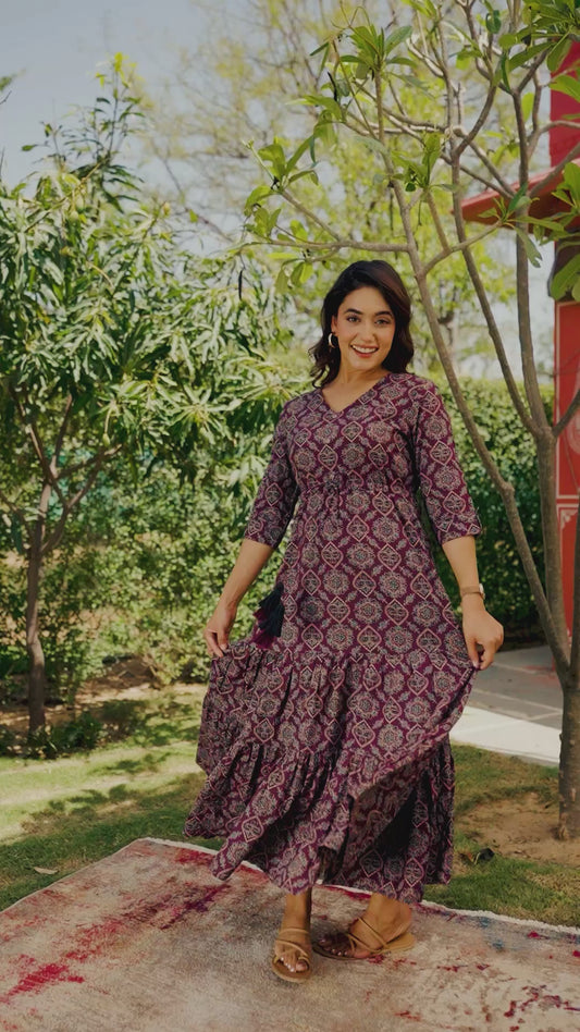 Soft Cotton Geometric Anarkali Wine Dress