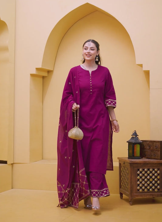 Embroidered Slub cotton Solid Straight Wine Kurta