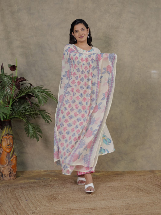 Embroidered Soft Cotton Foliage Off White Kurta
