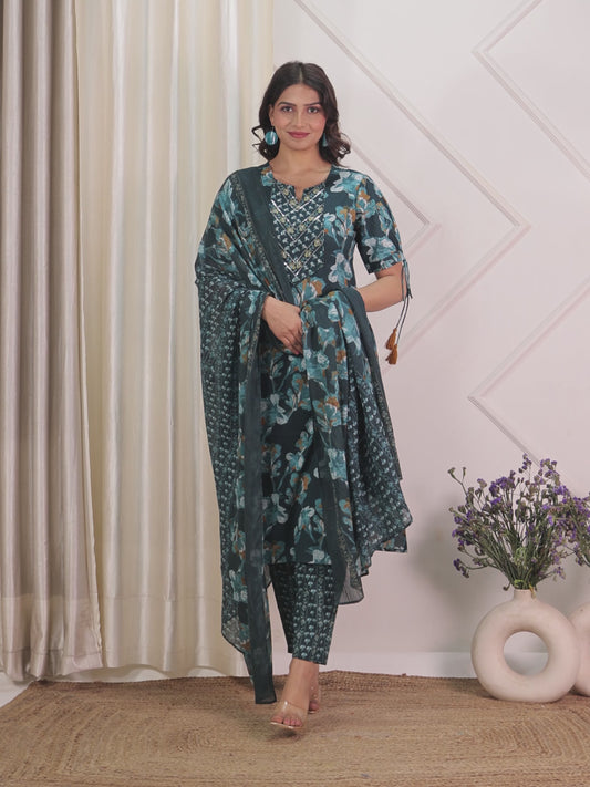 Embroidered Soft Cotton Floral Straight Teal Kurta