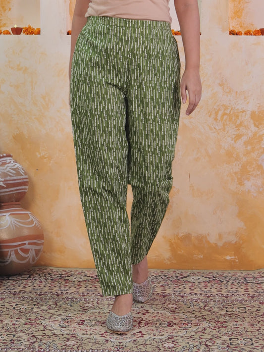Soft Cotton Abstract Green Tapered Trousers
