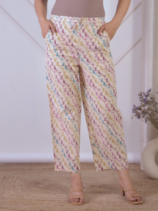 Soft Cotton Floral Off White Straight Trousers