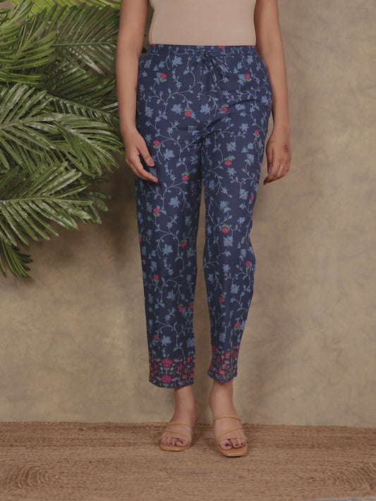 Soft Cotton Floral Blue Tapered Trousers