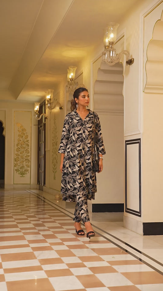 Soft Cotton Foliage High Low Black Kurta
