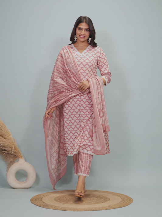 Soft Cotton Geometric Straight Pink Kurta
